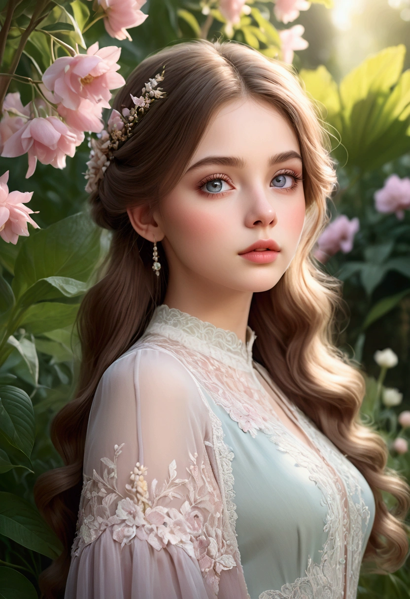 A beautiful girl, detailed portrait, beautiful girl in a garden, beautiful detailed eyes, beautiful detailed lips, extremely detailed face and features, long eyelashes, elegant dress, serene expression, natural lighting, cinematic, pastel colors, dreamlike, highly detailed, photorealistic, 8k, best quality