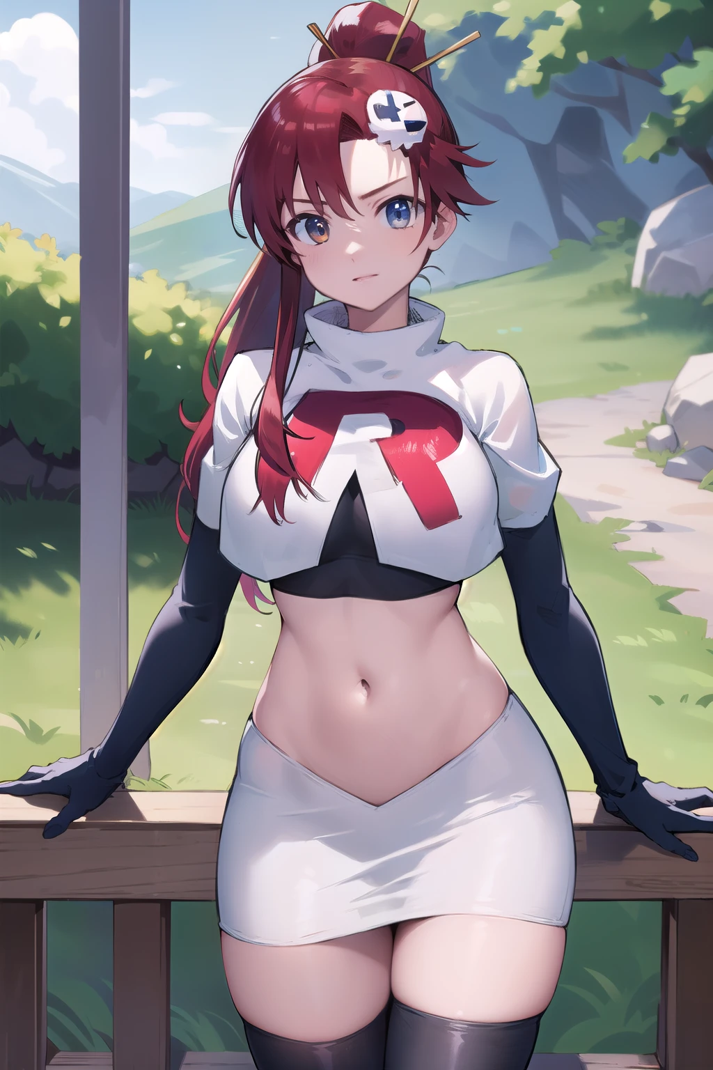 masterpiece, best quality, highres, yl1, ponytail, skull hair ornament, cowboy shot, outdoors, team rocket,team rocket uniform,white skirt,red letter R,crop top,black thigh-highs,black elbow gloves