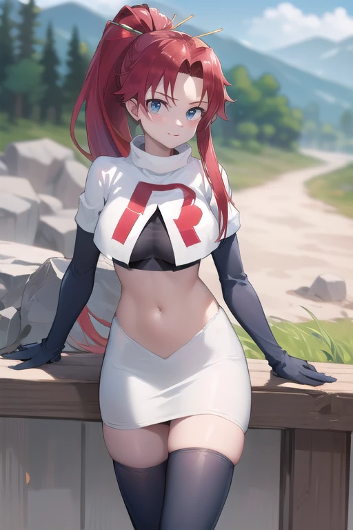 masterpiece, best quality, highres, yl1, ponytail, skull hair ornament, cowboy shot, outdoors, team rocket,team rocket uniform,white skirt,red letter R,crop top,black thigh-highs,black elbow gloves