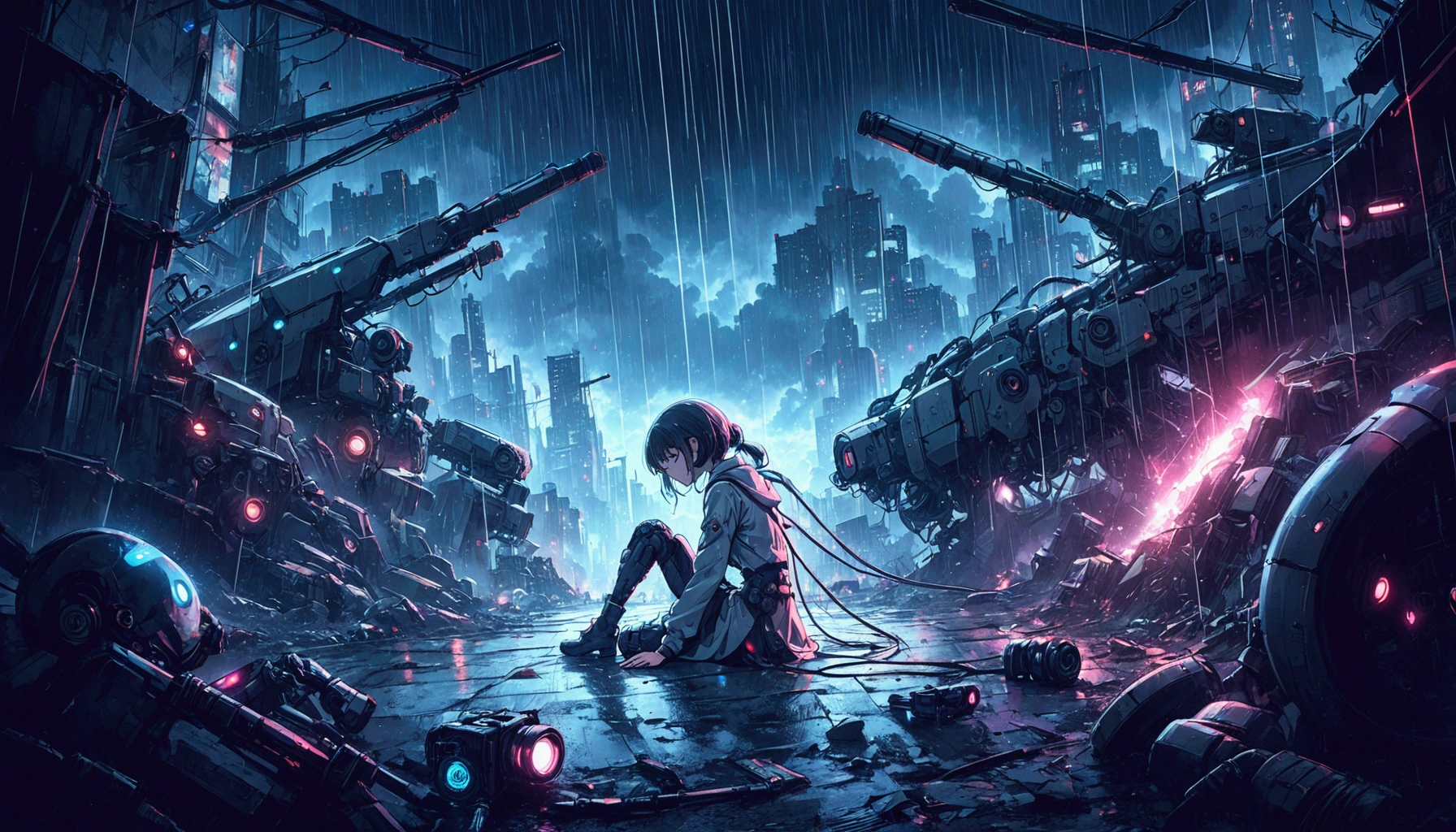 manga anime style, complicated scene with lots of details, a scene where there is a lonely cyborg girl sitting on the ground, in a cyberpunk wasteland, storm with rain is coming, the camera angle is from behind the girl, war scene,