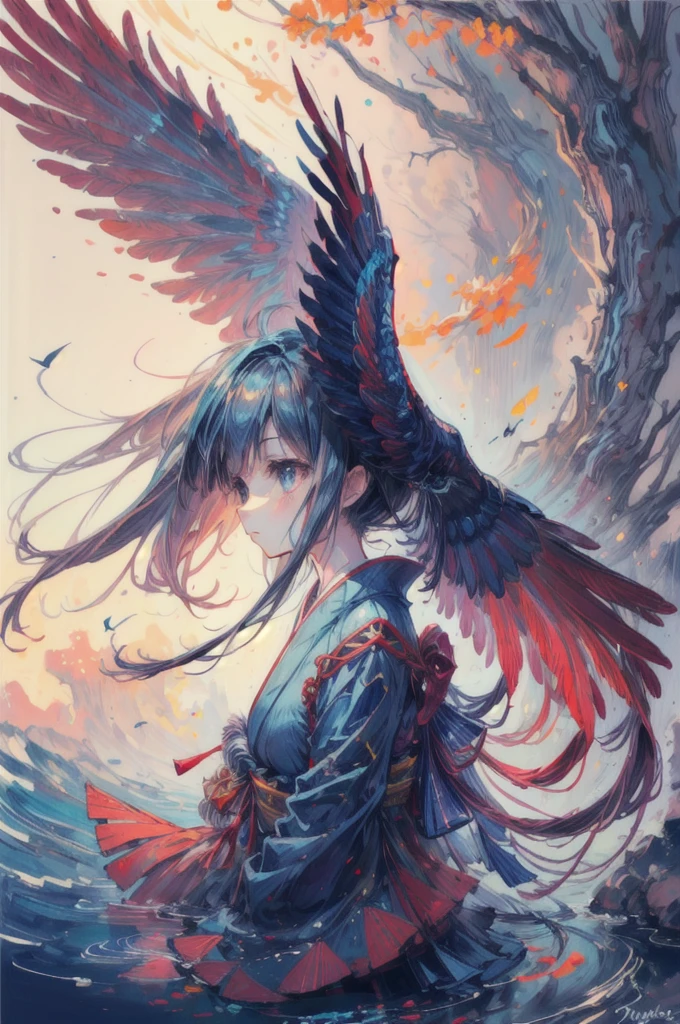 ultra detailed close up of anime girl phoenix wings, sitting under misty waterfall, crimson red and blue, traditional japanese clothing, ripples, feathered wings, spread wings, solo, upper body, profile picture, lookup up and away, cloth shoes, masterpiece, best quality