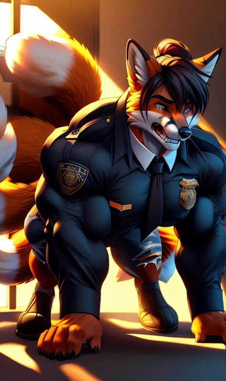 Fine details + Thick fur details + Details of all torn clothes + huge large muscles + Age 22 + Majestic transformation into a red fox + 80% transformation rate + (Clothes: All ripped clothes:1.5) + (Suffering and pain:1.5) + Bedroom background + Sunlight+(nine tail:1.5)s+brown ponytail+officer suit, black jacket, black necktie, long sleeves, black pants+(on all fours:1.5)+solo+facing the camera+digitigrade+wing