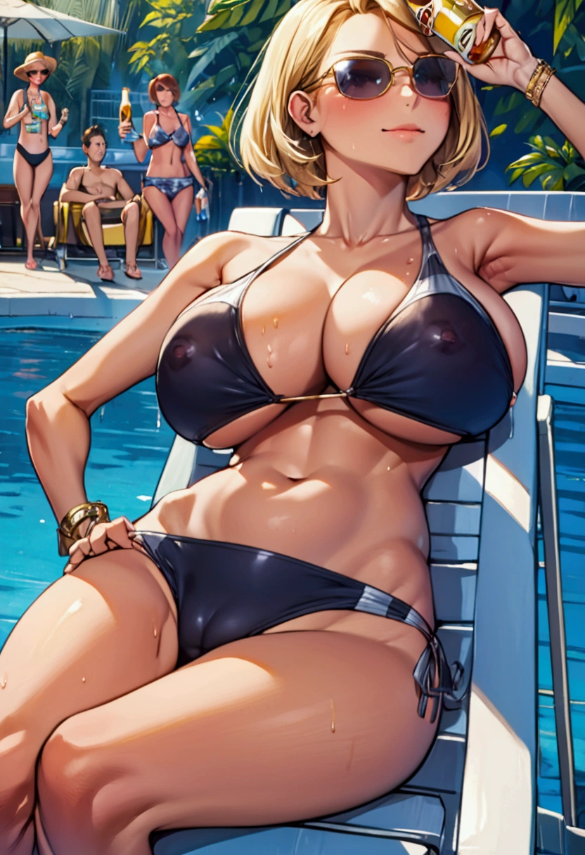 A milf (large breasts, large butt, toned midriff, cute face, short hair, scandalously small swimsuit) Is passed out on a lounge chair drinking a beer while her daughter has a pool party with friends