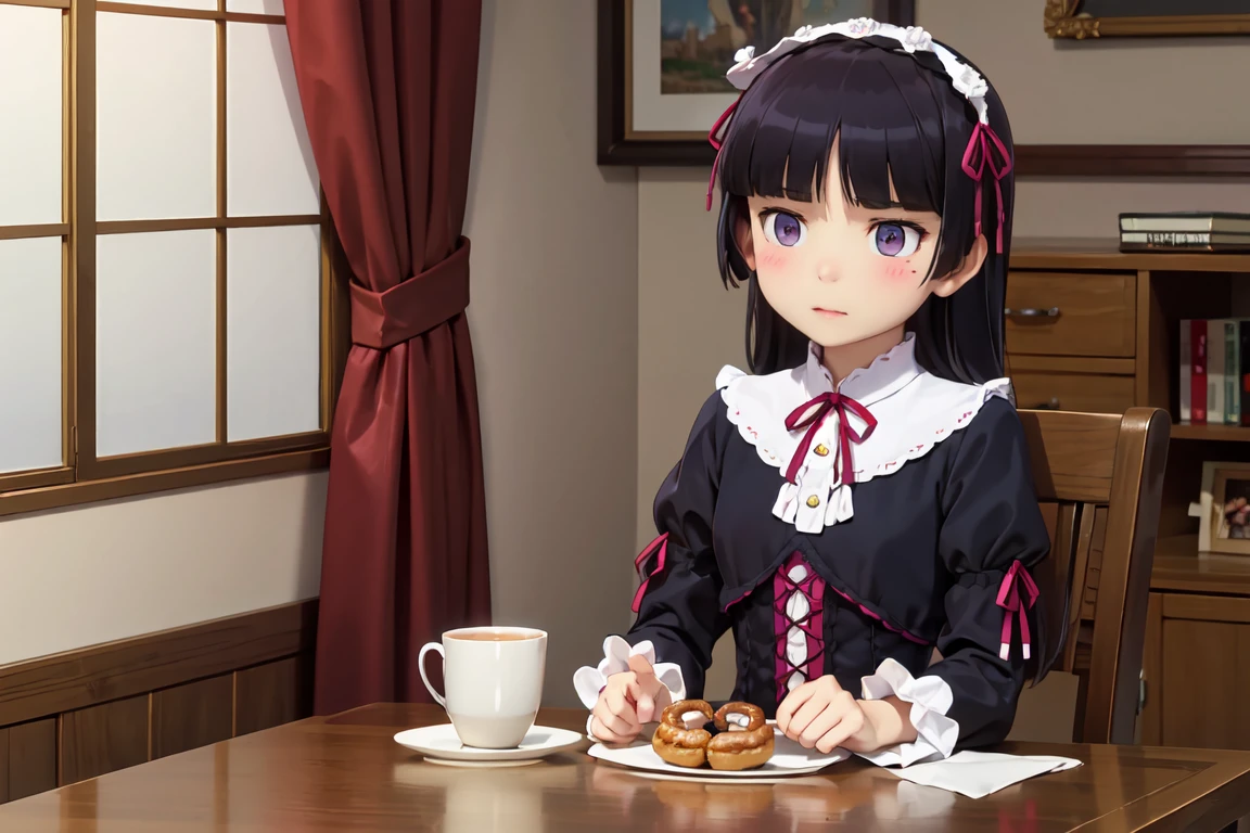 (donutを食べる), (donut), カラフルなdonut, table, Stylish teacups, Place mat, (ruri gokou), girl, (alone), Hime cut, Gothic Lolita, Lolita Fashion, head band, middle ages, European Castles, Different world, masterpiece,