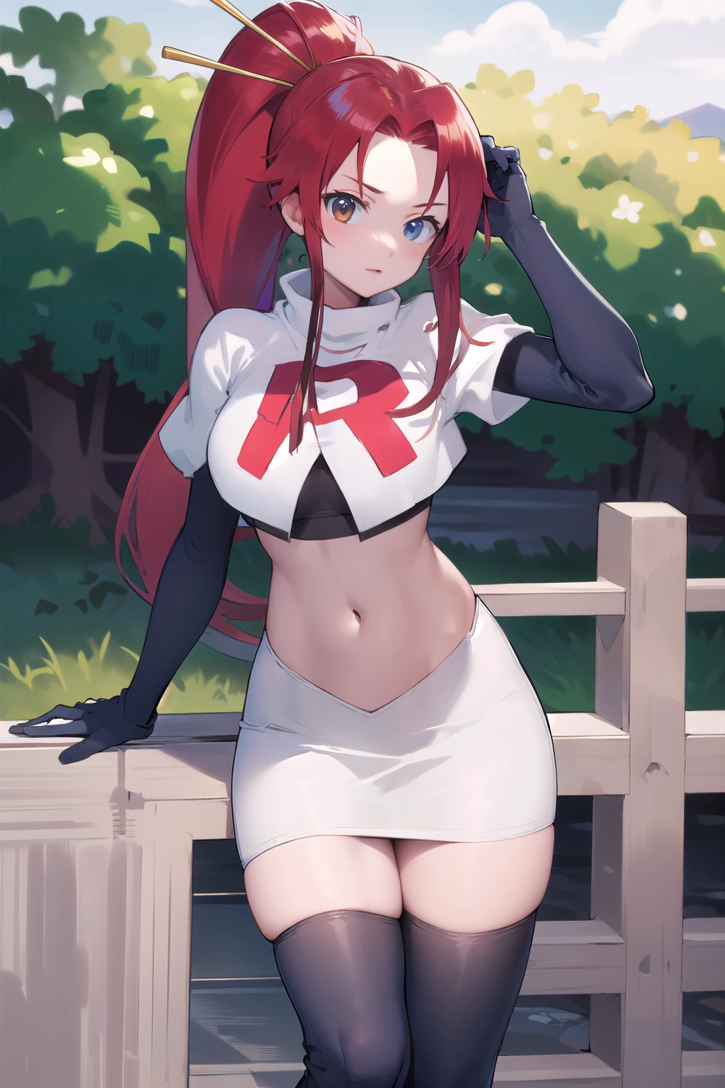 masterpiece, best quality, highres, yl1, ponytail, skull hair ornament, cowboy shot, outdoors, team rocket,team rocket uniform,white skirt,red letter R,crop top,black thigh-highs,black elbow gloves