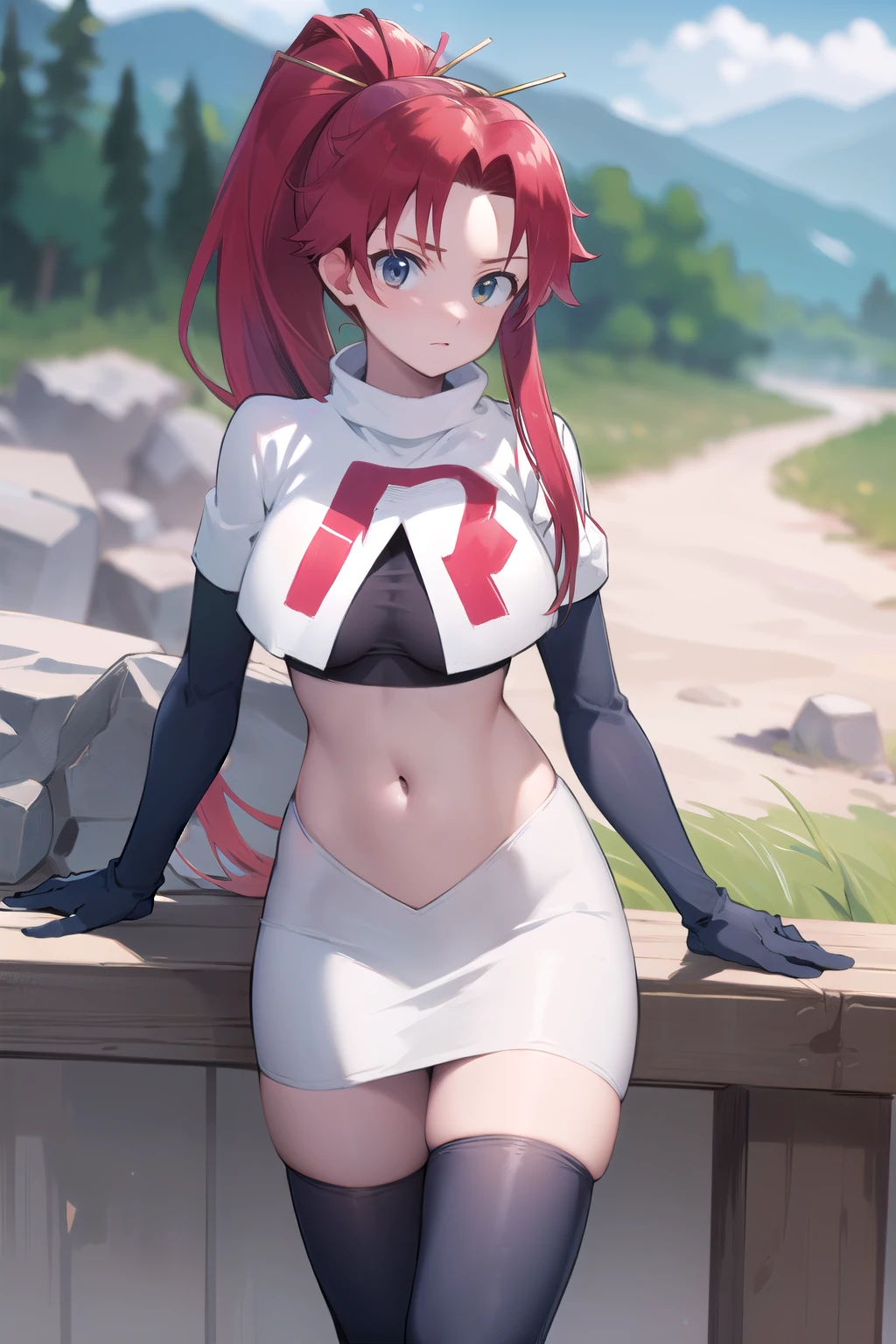 masterpiece, best quality, highres, yl1, ponytail, skull hair ornament, cowboy shot, outdoors, team rocket,team rocket uniform,white skirt,red letter R,crop top,black thigh-highs,black elbow gloves