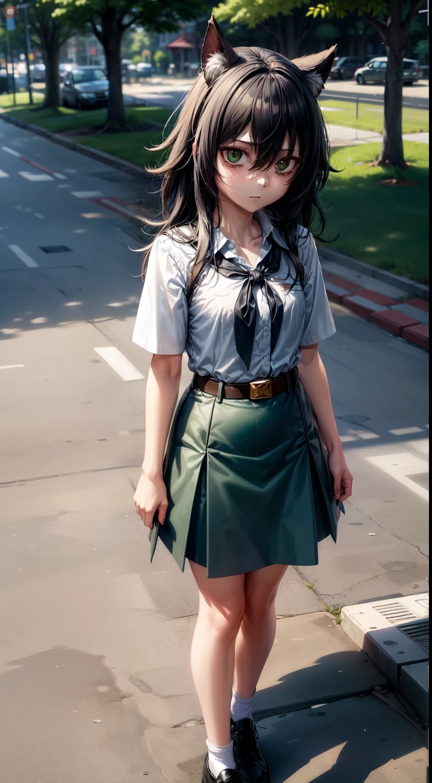 kuroki_tomoko, long dark disheveled hair, bruises under the eyes, green eyes, pioneer neckerchief, blue skirt, bangs, shirt, collarbone, white shirt, short sleeves, collared shirt, belt, red neckerchief, full height, 8k, (full body shot:1.3), (vibrant shadows), detailed eyes, (high quality), high detailed background, (realistic shadows), HD shadows, masterpiece, high detailed face, high detailed finger, young girl, band on head with fake cat ears, look at you