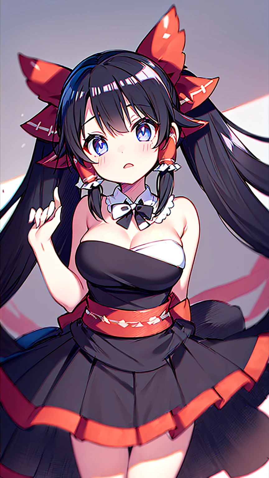 Hakurei Reimu wearing a (((((black dress))))) blue eyes, (((white bowties)))