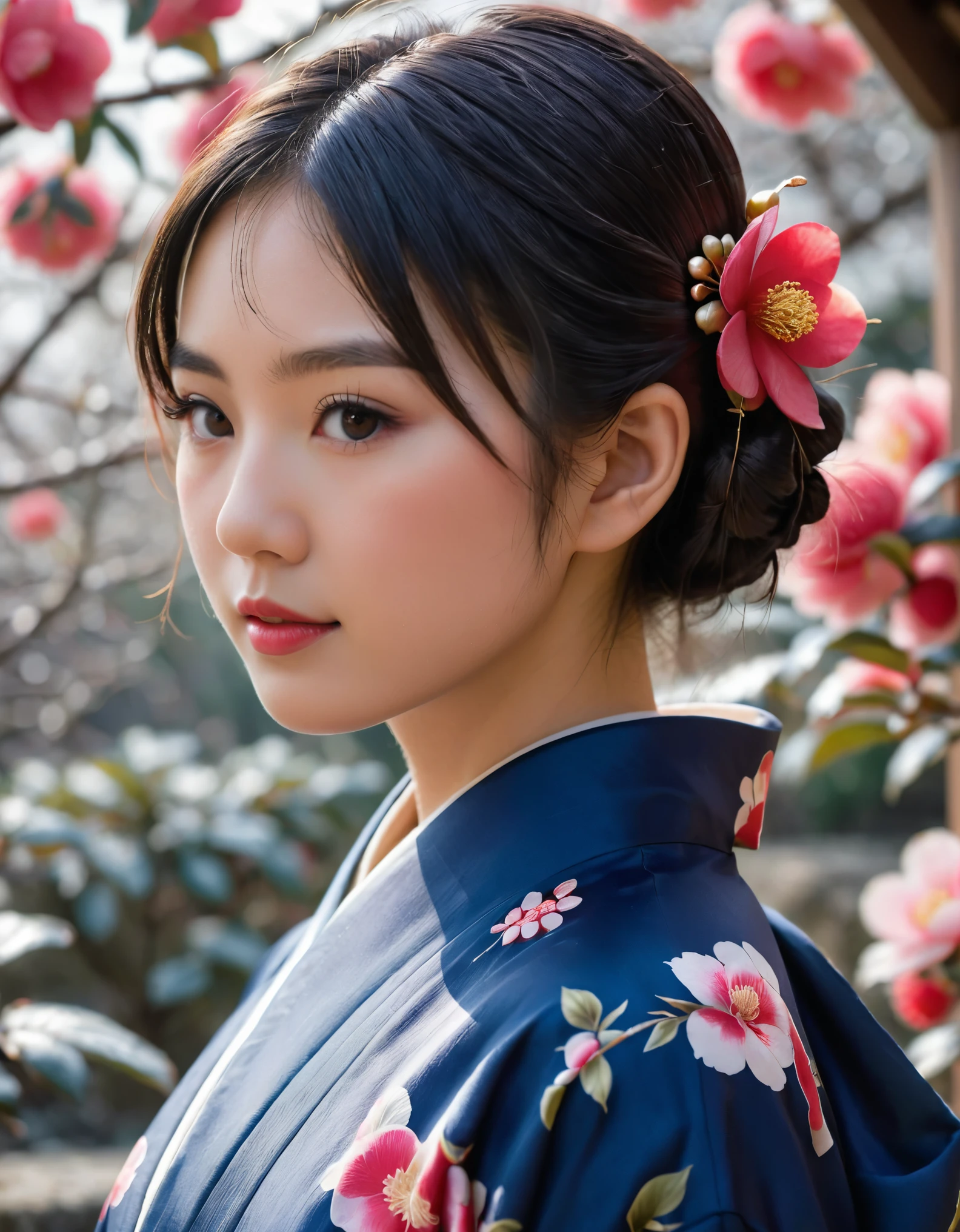 From behind view , focus face , looking at camellia, (beautiful Japanese Young General, girl is 20 years old), (Highly detailed face, Black hair ,Brown eye, chignon, Fuller lips, little Lips, little smile), (C cup breasts, middle hip), (Japanese kimono, background cloth indigo blue , Red camellia flower pattern, corrected obi), standing in Japanese on Garden, Winter , fall snow, camellia trees, sunrise ,(masterpiece, Highest quality, masterpiece, God-like quality, Godly art, , Very realistic),