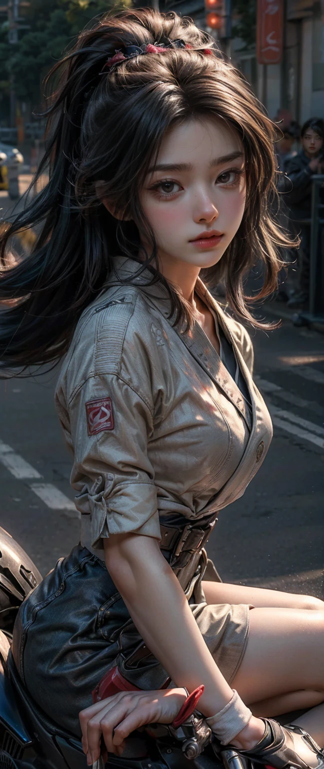 ((masterpiece, top quality, a high resolution, photorealistic, RAW, 8 K)), Close-up of a Japanese high school girl on a motorcycle, dynamic composition, Speed up, Blur,