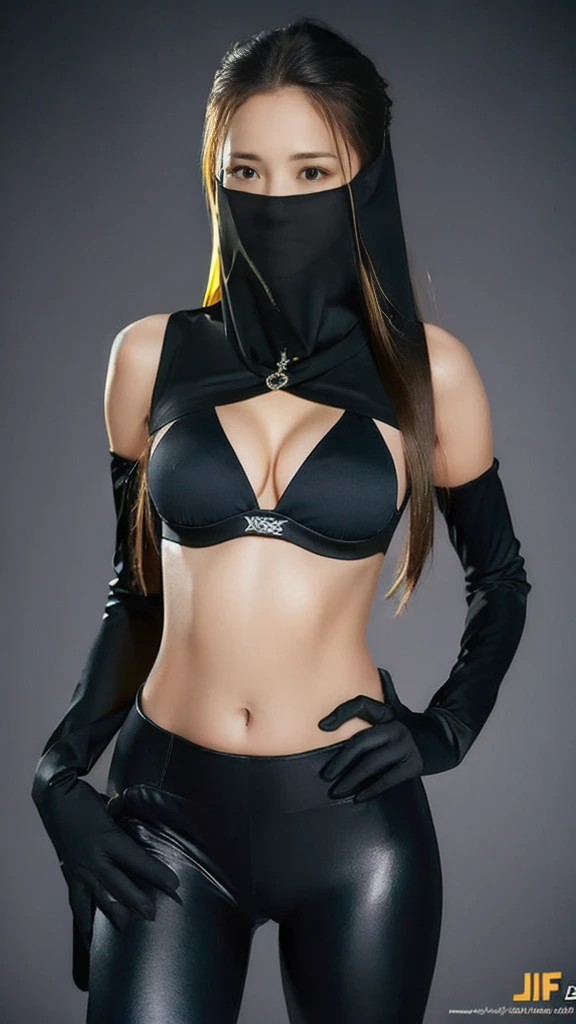 （lifelike， high - resolution：1.3），full body , 1 girl with a perfect body， Super fine face and eyes，slong hair， diamond midriff of black colors：1.2， black shiny leggings，face veil,   big boob，Expose cleavage, ninja pose, satin gloves.