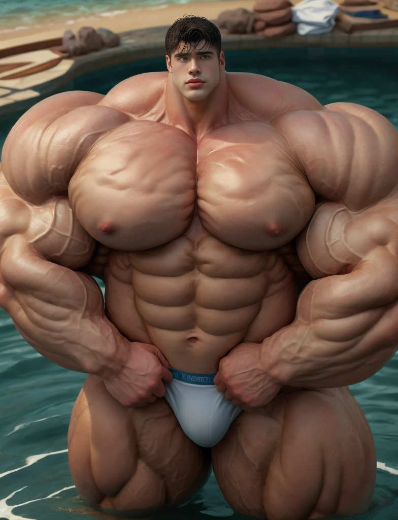 1boy, giant, giant bodybuilder, illuminating light, strong body, bulk, large size, staring, standing, on the ocean, relaxed hand, nude, wet white triangular underwear, prominent bulge, extraordinary big, brutalmass, giant, muscular body, bulk, buff, massive body, large meaty body size, extremely wide body