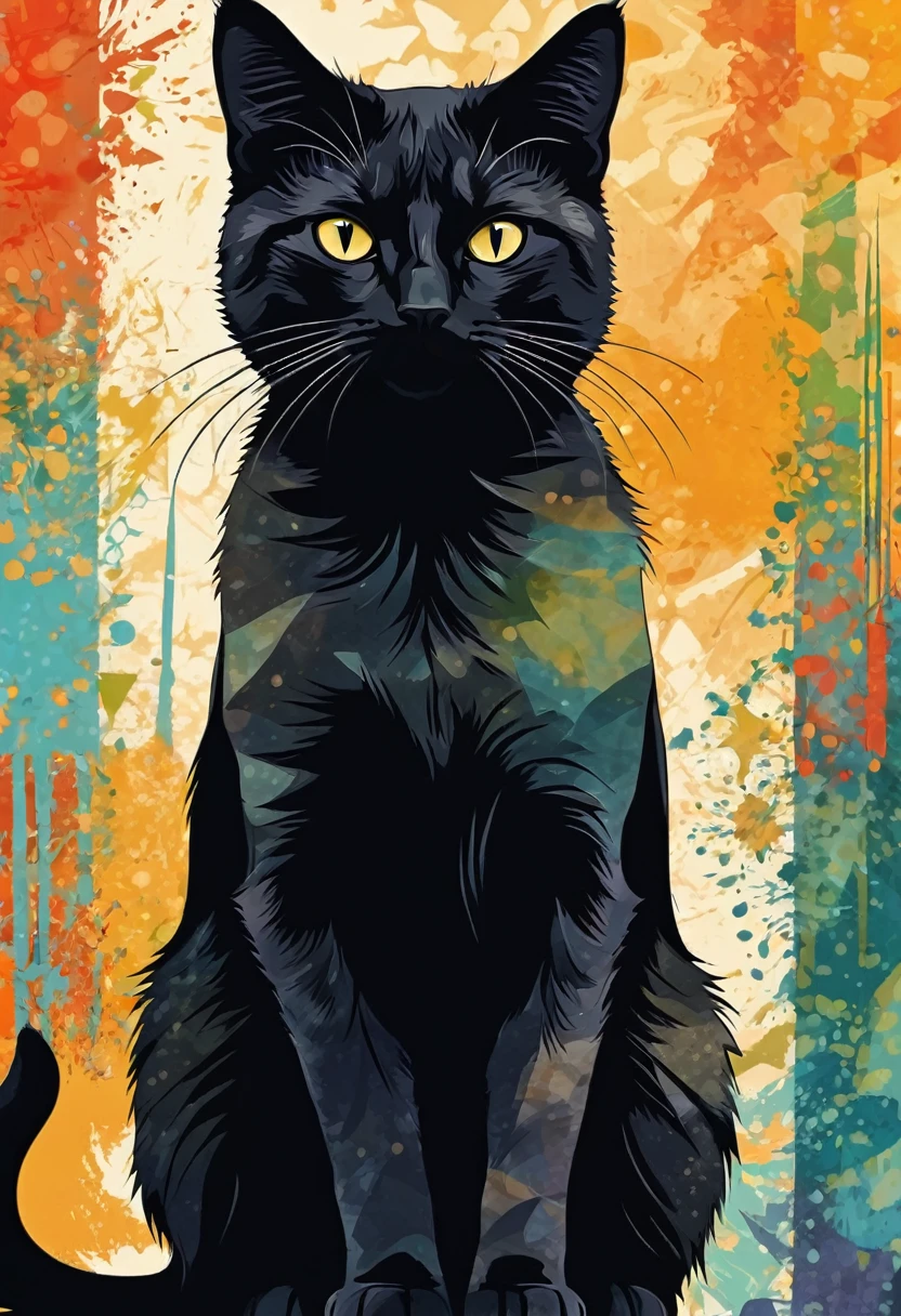 Black cat silhouette on abstract background, sharp edges, ​masterpiece, drawn with pencil, Vector image