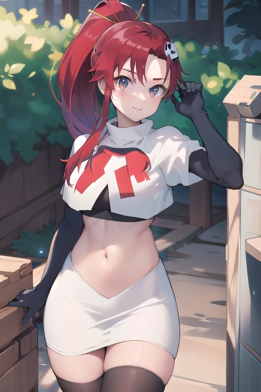 masterpiece, best quality, highres, yl1, ponytail, skull hair ornament, cowboy shot, outdoors, team rocket,team rocket uniform,white skirt,red letter R,crop top,black thigh-highs,black elbow gloves