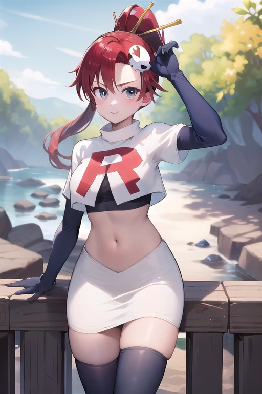 masterpiece, best quality, highres, yl1, ponytail, skull hair ornament, cowboy shot, outdoors, team rocket,team rocket uniform,white skirt,red letter R,crop top,black thigh-highs,black elbow gloves