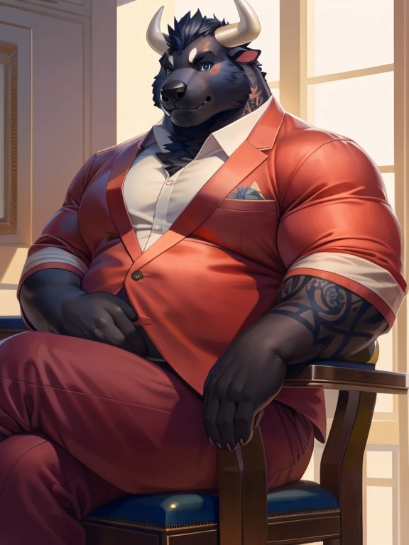 solo, anthro, furry, furry male, bull,((short fur,furry, shaggy fur, dark fur)), (floral rose garden tattooed hands), black pupils, white sclera, black body, black fur, white line from forehead to nose, blue eyes, bull tail, horns, detailed fur, detailed face, detailed eyes, (red dress suit, red dress pants, white shirt), conference room, (by null-ghost,by raccoon21, masterpiece, high quality, hi-res, 8k, hd), close-view portrait, day, stoic expression, arrogant, sitting, ornate chair, crossed legs, Fat male bull, fat, fat belly, fat thighs, fat arms, lovehandles, bull horns, black hooves, spiky hair, mid 40s,