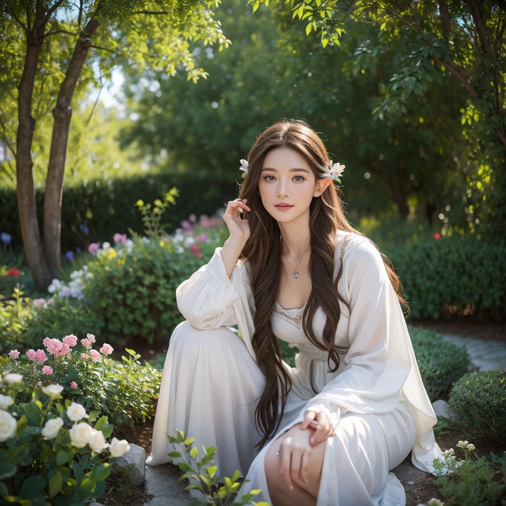 masterpiece,Digital SLR Photography,analog style,real photo,Photo of a beautiful 20 year old woman, (elf from Lord of the Rings 1.0),dramatic lighting (85 mm),Blooming garden in the background,(detailed facial features),(Beautiful and sparkling eyes),Dynamic angle,Michelangelo's style,long hair,White dress,smile:1.4,(brown hair 1.5), Blue eyes, Elven Garden, (Slavic roots 1.6), jewelry in hair, Beautiful face