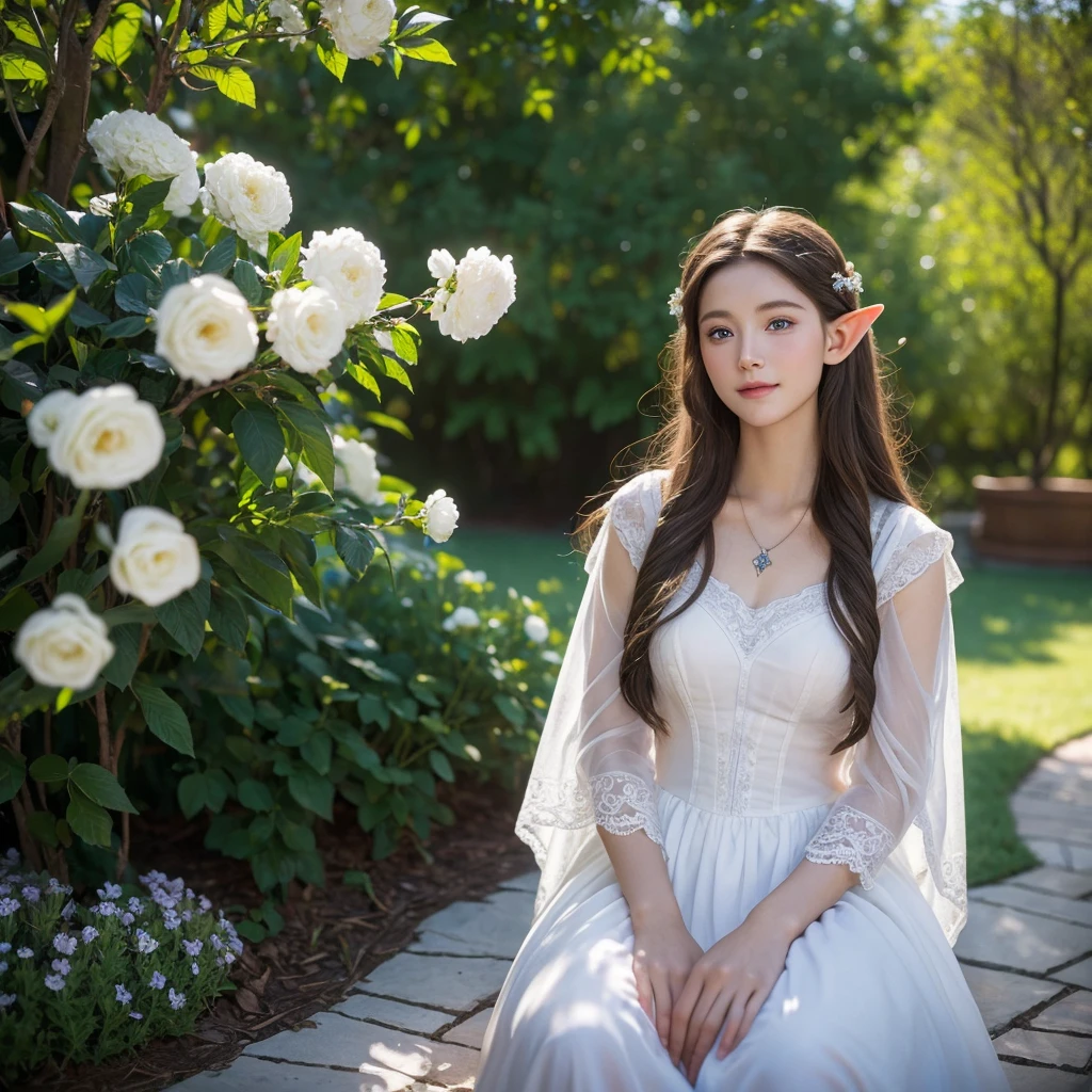 masterpiece,Digital SLR Photography,analog style,real photo,Photo of a beautiful 20 year old woman, (elf from Lord of the Rings 1.0),dramatic lighting (85 mm),Blooming garden in the background,(detailed facial features),(Beautiful and sparkling eyes),Dynamic angle,Michelangelo's style,long hair,White dress,smile:1.4,(brown hair 1.5), Blue eyes, Elven Garden, (Slavic roots 1.6), jewelry in hair, Beautiful face