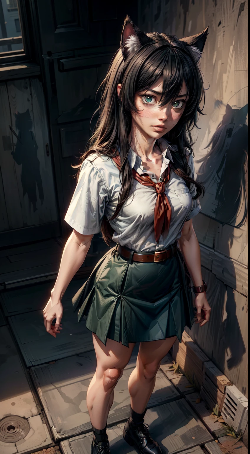 kuroki_tomoko, long dark disheveled hair, bruises under the eyes, green eyes, pioneer neckerchief, blue skirt, bangs, shirt, collarbone, white shirt, short sleeves, collared shirt, belt, red neckerchief, full height, 8k, (full body shot:1.3), (vibrant shadows), detailed eyes, (high quality), high detailed background, (realistic shadows), HD shadows, masterpiece, high detailed face, high detailed finger, young girl, band on head with fake cat ears, look at you