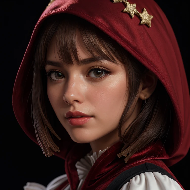 ((extreme detail)),(ultra-detailed), extremely detailed CG unity 8k wallpaper, velvet, figurine, red hood, crop top, star headdress, puffy sleeves, lips, looking away, close-up, head turn, black background