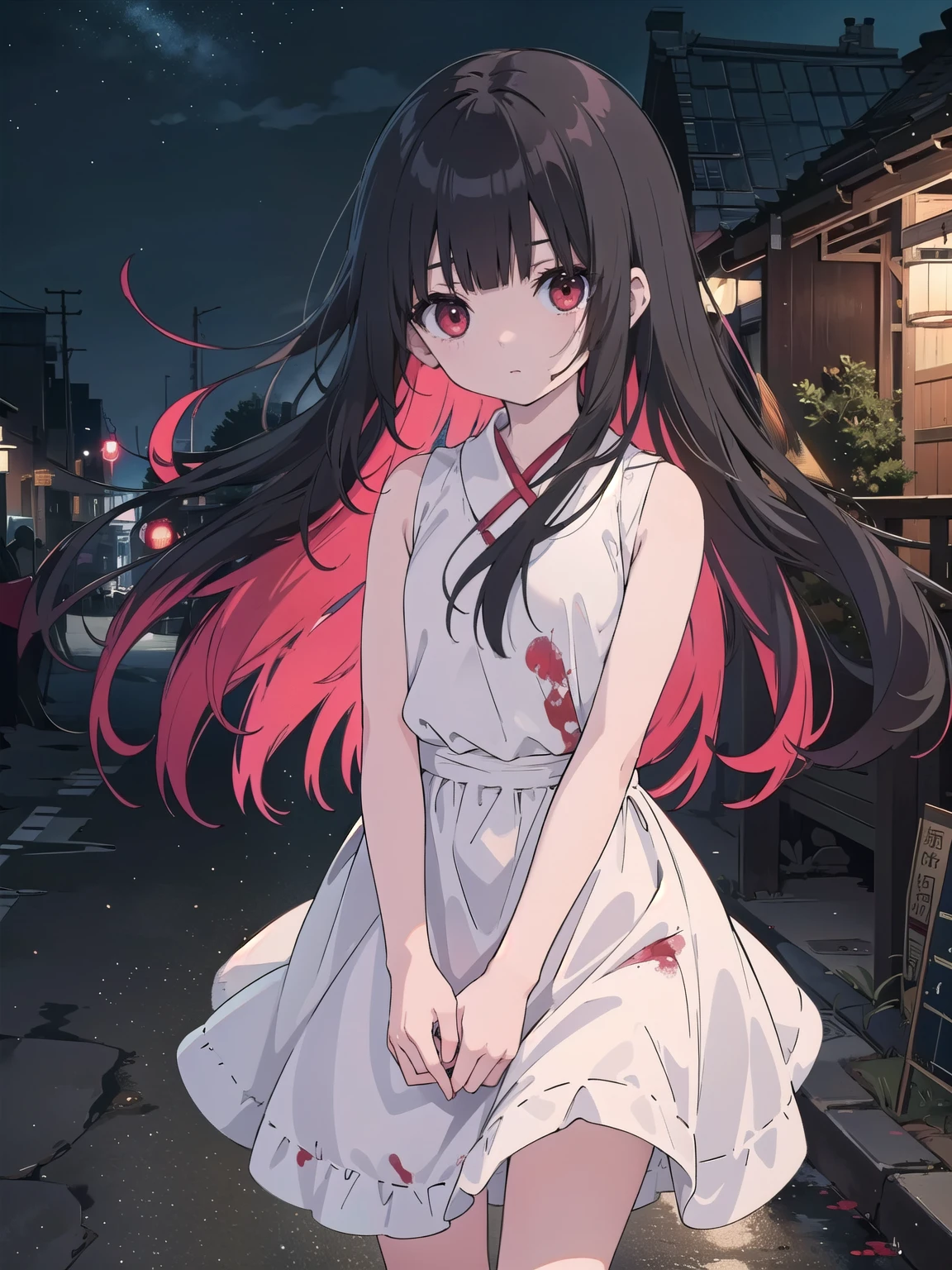 Little People Series, Yuki Osanai, Bob、Shortcuts, cropped black hair, bangs, Slanted Eyes、(Red gradient eyes:1.2), Expressionless、((Red cheeks、Red face))、Young、Short、(Trembling)、((Small breasts))、(avenger、murderer、Serial killer)、Have a crude weapon、Bathing in blood、Bloody clothes、Blood dripping from the forehead、(No underwear)、Glare、Staring、
break , Open the chest、 Visible valley, On the way home, my body and face were covered in blood.、Bloody white sleeveless top,Around town、Night Sky、Starry Sky、
break、Around townを歩く、Hug viewers、Spread your arms、Wide-open sleeveless、Hair fluttering violently in the wind、(To harass the user)、
masterpiece, Highest quality, High resolution, unity 8k wallpaper, (Beautiful attention to detail:1.6), Highly detailed face, Perfect lighting, Highly detailed CG, (Perfect hands, Perfect Anatomy,Perfect five-finger),Full body portrait、
