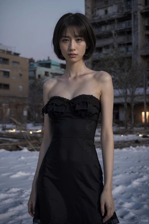 night, Russia,war ruins,((1 girl)), Solitary, masterpiece, 8k wallpaper, high resolution, absurd, High quality background, short hair, Black Hair, Snow, moon,Blue Dress, Detailed dress, Jewelry Dress, beautiful eyes, Detailed eyes, long legs