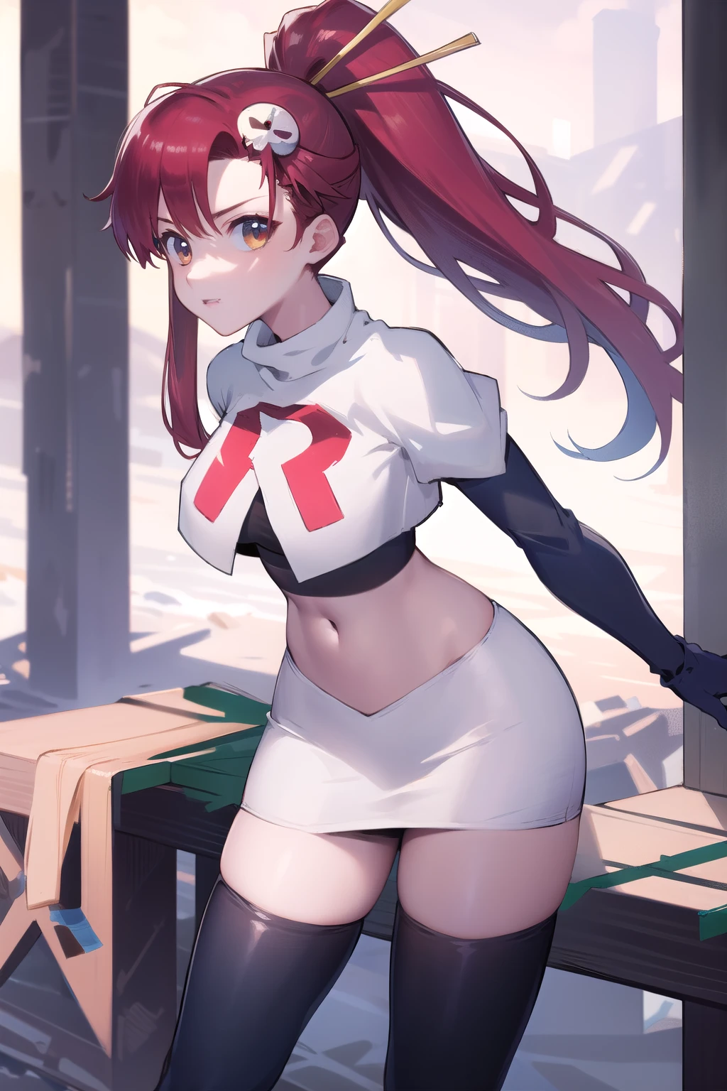 masterpiece, best quality, highres, yl1, ponytail, skull hair ornament, cowboy shot, outdoors, team rocket,team rocket uniform,white skirt,red letter R,crop top,black thigh-highs,black elbow gloves