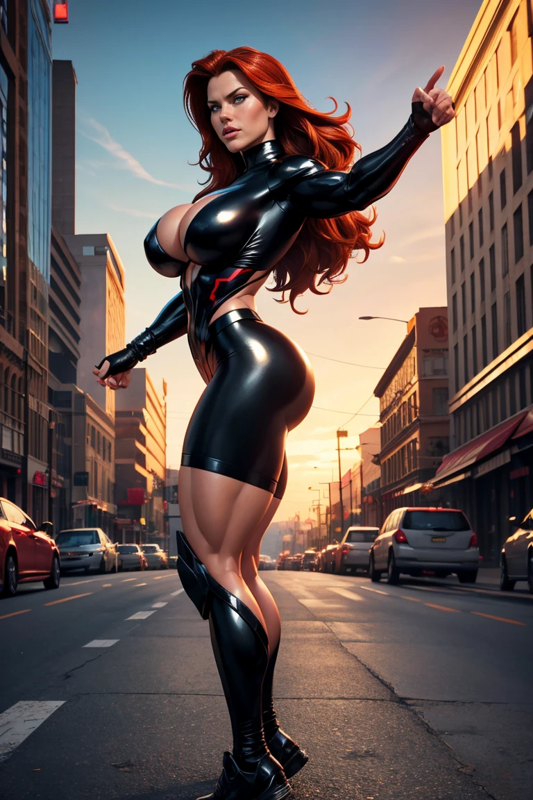 Ultra realistic poster, Araffed Woman in a Spider - Tiny sexy spiderman costume, posing on a city street, Spider Woman, ( ( Spider Woman ), Amouranth as a super villain, high definition face looking sideways, red hair, green eyes, harmonious chin, Spiderwoman!!, Spiderwoman!!!!!, intricate body, ((costume at breast height as if to rip)))), closeup photo in NYC Comicon,  Lara Croft as Spiderwoman, intriguing outfit, better known as Amouranth, Amouranth, (((translucent white panties with derrière marking))), very thin white panties side straps, photo taken from behind, bulky back commission, big round ass, sculpted mignon body