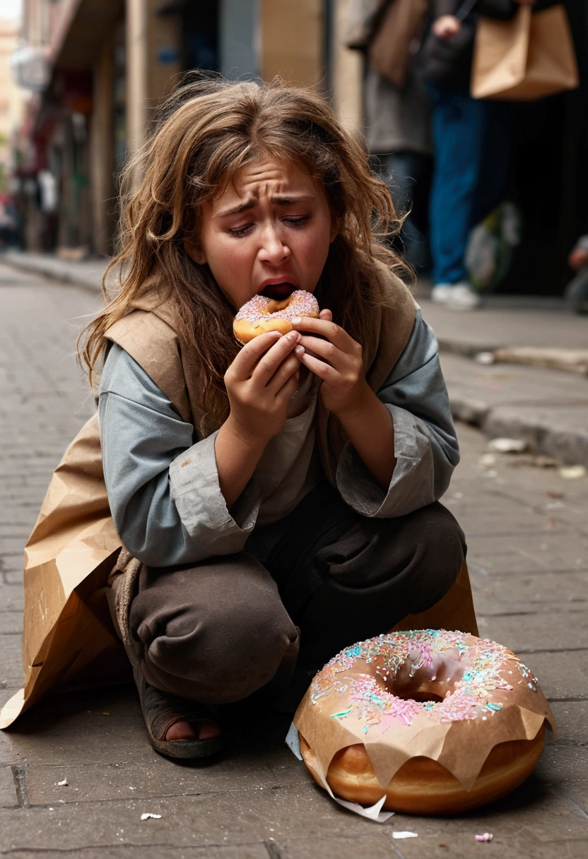 1 homeless girl, eating donut, dirty face, messy dried hair, open mouth wide, crying, sad face, high detailed face, emotional, kneels, one donut and paper bag on the floor, earth tone, best quality, high detailed, cinematic lighting, 8k, masterpiece, full body shot, in the street