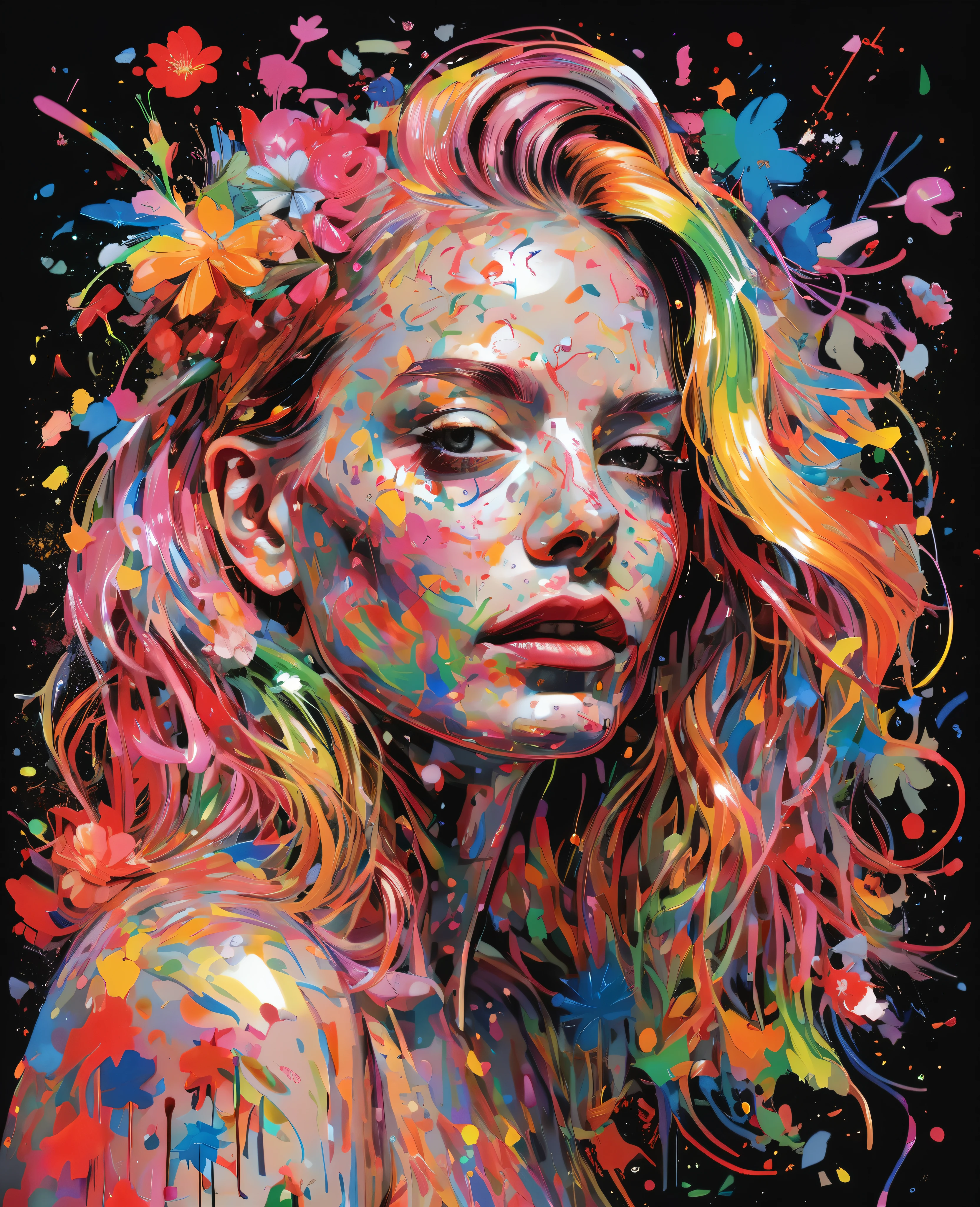 Graffiti, scribble, Comics by Petra Cortright, best quality, masterpiece, glittery rainbows artwork, Representative work, official art, Professional, Ultra intricate detailed, 8k, rainbow art, black background