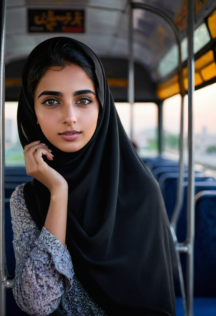  arabe women was about 20 years old, on a bus,, city background, evening, (Best Quality: 0.8), (Best Quality: 0.8), Dark and unclear face, bright Eyes