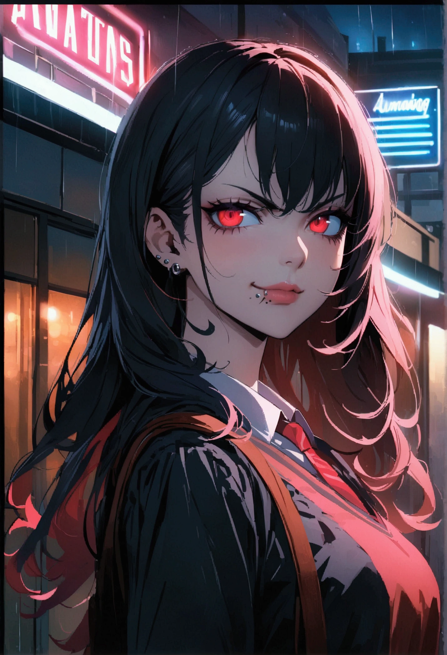 (anime women), high school girl, (neon red viper eyes), cinematic lighting (best quality:1.2)detailed, neon lights, vivid colors,bokeh, angry looking face with smirk on mouth, piercing, ((piercing)), gaze, 4k, particles in the air, powers, amazing art work full of details, dynamic movement, (lips), school classroom, rainy night
