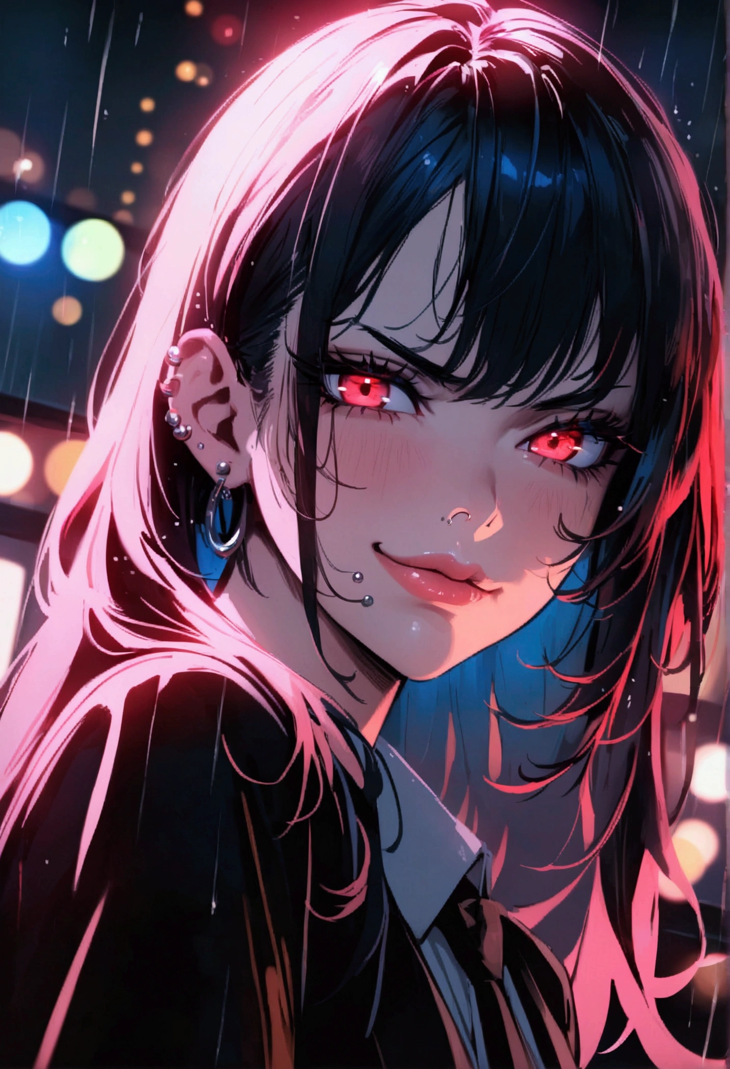 (anime women), high school girl, (neon red viper eyes), cinematic lighting (best quality:1.2)detailed, neon lights, vivid colors,bokeh, angry looking face with smirk on mouth, piercing, ((piercing)), gaze, 4k, particles in the air, powers, amazing art work full of details, dynamic movement, (lips), school classroom, rainy night
