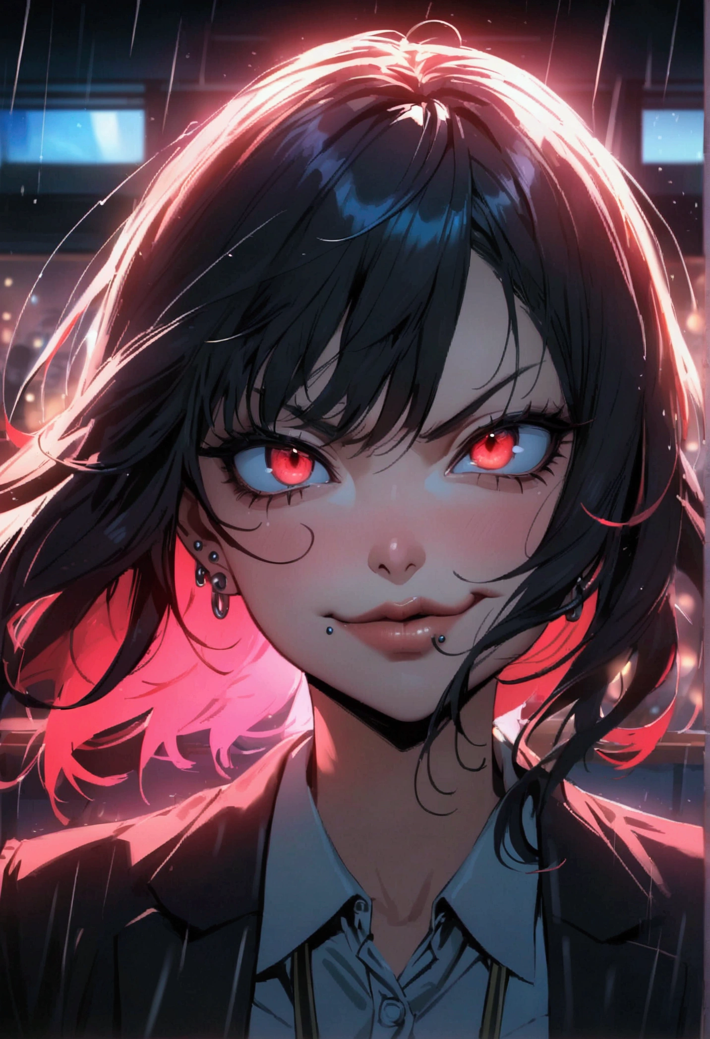 (anime women), high school girl, (neon red viper eyes), cinematic lighting (best quality:1.2)detailed, neon lights, vivid colors,bokeh, angry looking face with smirk on mouth, piercing, ((piercing)), gaze, 4k, particles in the air, powers, amazing art work full of details, dynamic movement, (lips), school classroom, rainy night