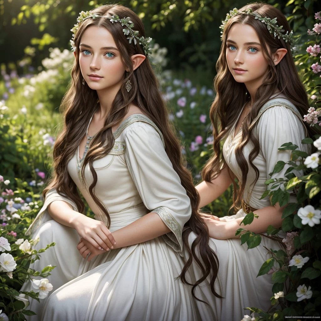 masterpiece,Digital SLR Photography,analog style,real photo,Photo of a beautiful 20 year old woman, (elf from Lord of the Rings 1.0),dramatic lighting (85 mm),Blooming garden in the background,(detailed facial features),(Beautiful and sparkling eyes),Dynamic angle,Michelangelo's style,long hair,White dress,smile:1.4,(brown hair 1.5), Blue eyes, Elven Garden, (Slavic roots 1.6), jewelry in hair, Beautiful face