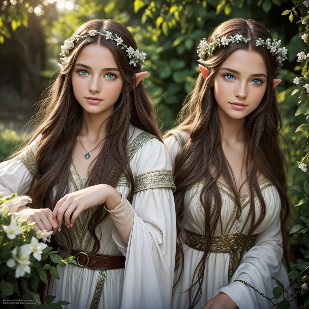 masterpiece,Digital SLR Photography,analog style,real photo,Photo of a beautiful 20 year old woman, (elf from Lord of the Rings 1.0),dramatic lighting (85 mm),Blooming garden in the background,(detailed facial features),(Beautiful and sparkling eyes),Dynamic angle,Michelangelo's style,long hair,White dress,smile:1.4,(brown hair 1.5), Blue eyes, Elven Garden, (Slavic roots 1.6), jewelry in hair, Beautiful face