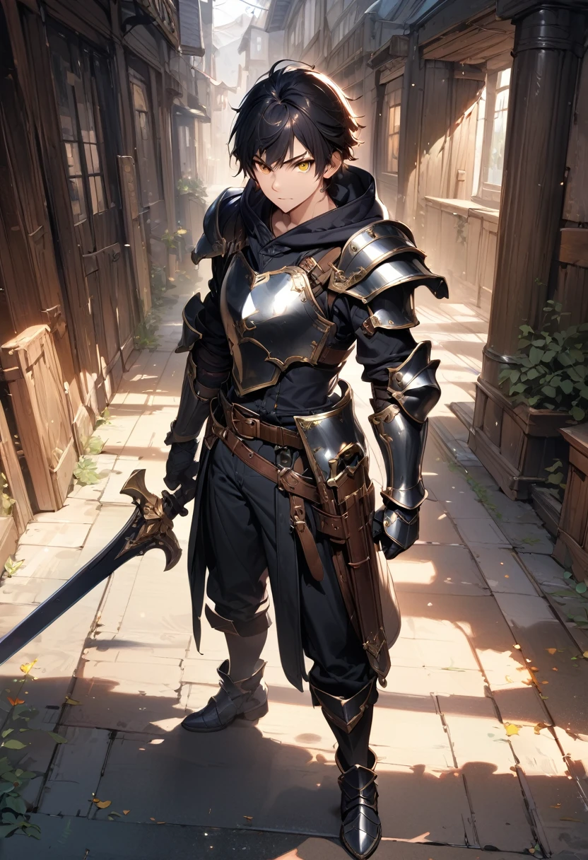 (masterpiece),(best quality),(ultra-detailed),(best illustration),(best shadow),(absurdres),(detailed background),(very aesthetic), 1boy, male-focus, black-hair, weapon, solo, armor, sword yellow-eyes, gauntlets, hood, holding, belt, holding-weapon, black-pants, standing, boots, pants, holding-sword, short-hair, full-body, hoodie, armored-boots, breastplate, sheath, hood-down, black-hoodie, closed-mouth, gloves, looking-at-viewer, indoors, bangs