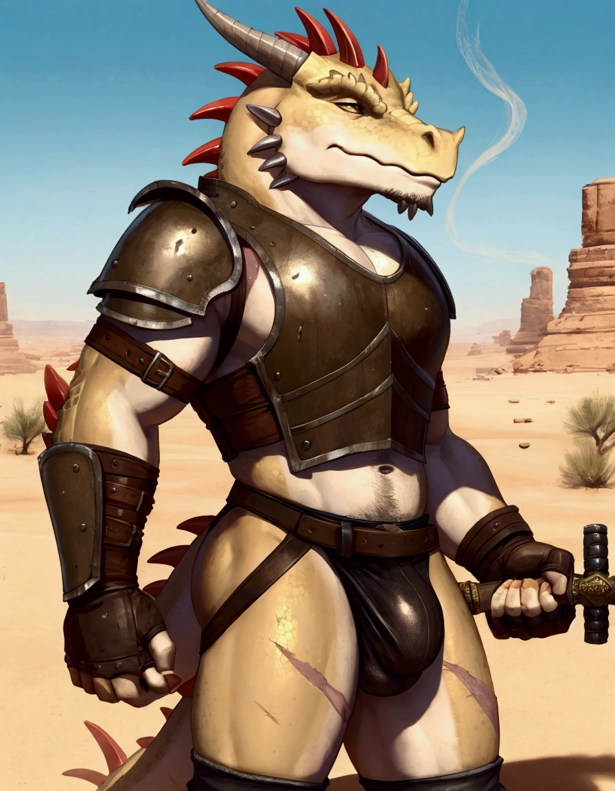 Solo Sexy anthro scalie dragon male mercenary medieval solider, slim endomorph muscular handsone model male apperance, sword scars, worn out rusty skimpy armament, low on hips heavy leather belt, old very worn out skimpy dirty linen material jockstrap, old yellow dirty worn out stains on white jockstrap, erection of dick under jockstrap, cum cumshoot drops from tip of jocstrap, studded skimpy armlets breastplate armor, skimpy breastplate, leather bondages, fingerless leather gloves, smelly unwashed husk, dirty body look, desert battlefield, standing in sexy fighting position, close view of full character