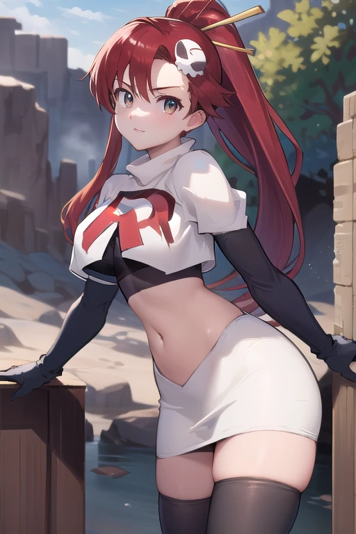 masterpiece, best quality, highres, yl1, ponytail, skull hair ornament, cowboy shot, outdoors, team rocket,team rocket uniform,white skirt,red letter R,crop top,black thigh-highs,black elbow gloves