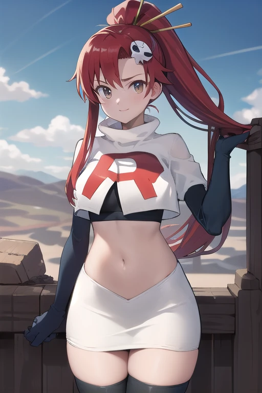 masterpiece, best quality, highres, yl1, ponytail, skull hair ornament, cowboy shot, outdoors, team rocket,team rocket uniform,white skirt,red letter R,crop top,black thigh-highs,black elbow gloves