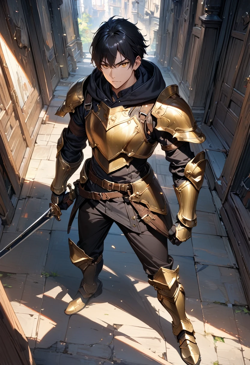 (masterpiece),(best quality),(ultra-detailed),(best illustration),(best shadow),(absurdres),(detailed background),(very aesthetic), 1boy, male-focus, black-hair, weapon, solo, armor, sword yellow-eyes, gauntlets, hood, holding, belt, holding-weapon, black-pants, standing, boots, pants, holding-sword, short-hair, full-body, hoodie, armored-boots, breastplate, sheath, hood-down, black-hoodie, closed-mouth, gloves, looking-at-viewer, indoors, bangs