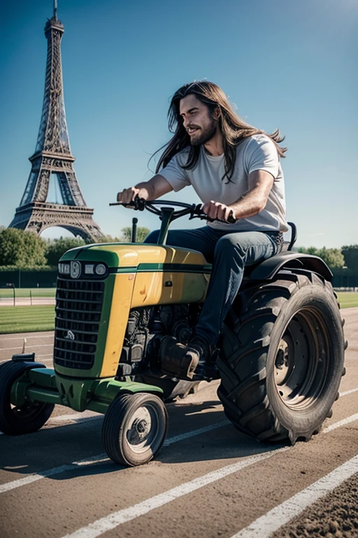 a tractor running on an athletics track with a man with long hair driving the tractor, with the eifel tower behind as a visual