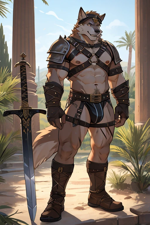 Solo Sexy anthro furry wolf male; ancient Mediterranean desert warrior; slim mesomorph handsome model apperance apperance; boy's messy short hair headband; sexy toned muscules; sword scars; worn out rusty sexy skimpy armament. He has low on hips heavy leather studded heavy belt. he has narrow in the crotch very old worn out jockstrap (smelly jockstrap fetish); His jockstrap it is made of old white linen material sewn together from a few pieces, it has never been washed, it is dirty and has stains from secretions of dried semen and sweat; His armor is old heavy brown harness with armlets studded with spikes; he has old brown leather BFR Bands on Biceps and his thighs, he has old worn out fingerless leather gloves. Even though he is a handsome and sexy man, he has a sloppy appearance, has disheveled unwashed dirty fur, dirty body look. He stands proudly bravely with one foot on a higher stone in the Mediterranean sunny pine forest; he has a proud, threatening and defiant expression on his face, with little dirty dangerous smile;