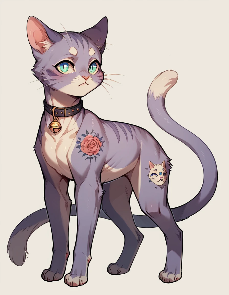 Feral Cat femboy , ALL four ,purple body , blue pupils ,white tone , Tattoo on the body ,whisker , Full body 