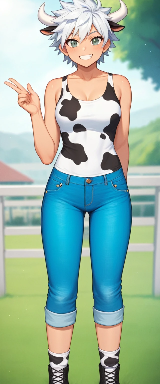 score_9, score_8_up, source_anime, masterpiece, best quality, BREAK 1girl, white horns, white spiked hair, grey eyes, >:) smile, pants, cow print tank top, jeans, meadow