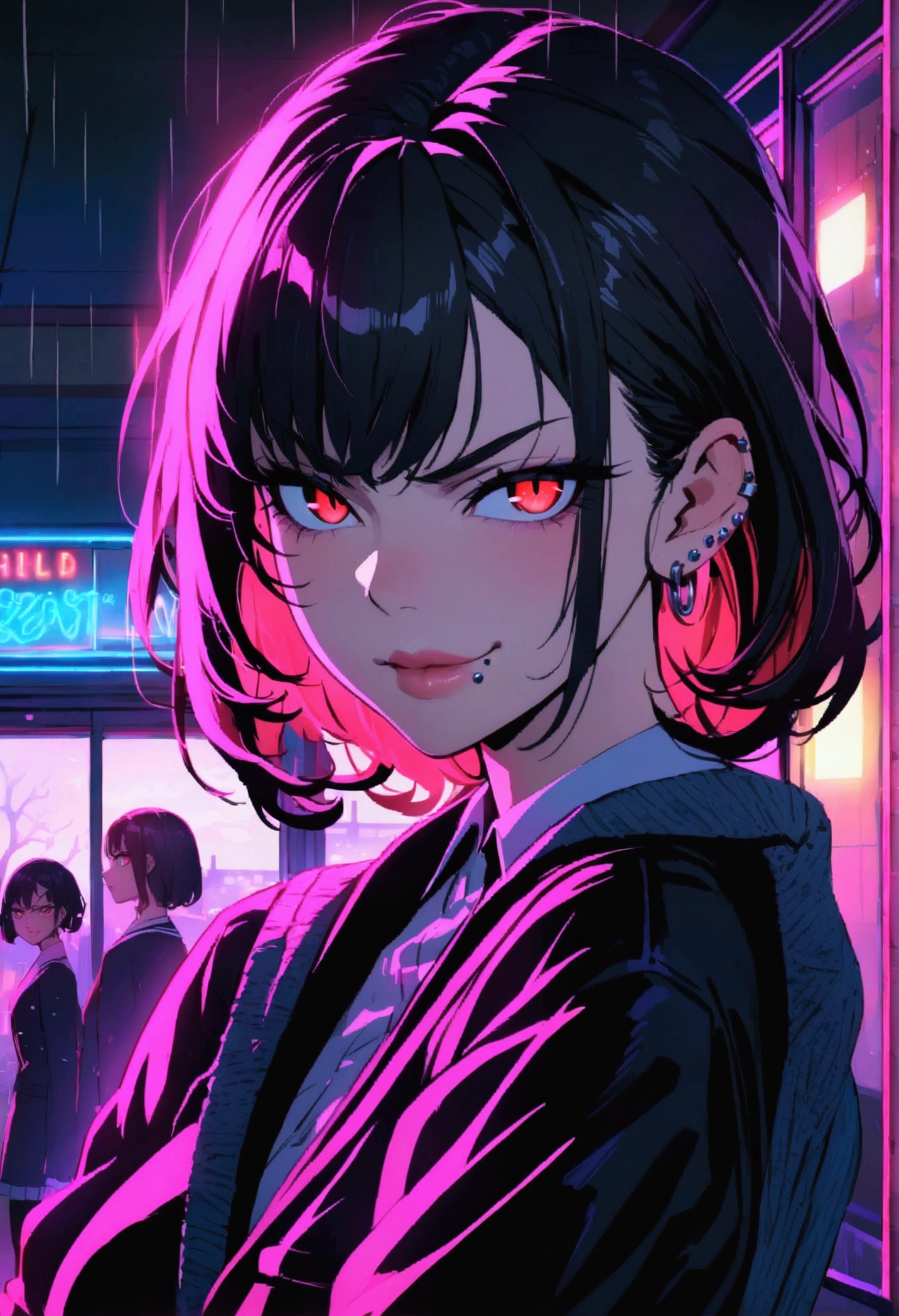(anime women), high school girl, (neon red viper eyes), cinematic lighting (best quality:1.2)detailed, neon lights, vivid colors,bokeh, angry looking face with smirk on mouth, piercing, ((piercing)), gaze, 4k, particles in the air, powers, amazing art work full of details, dynamic movement, (lips), school classroom, rainy night, half body