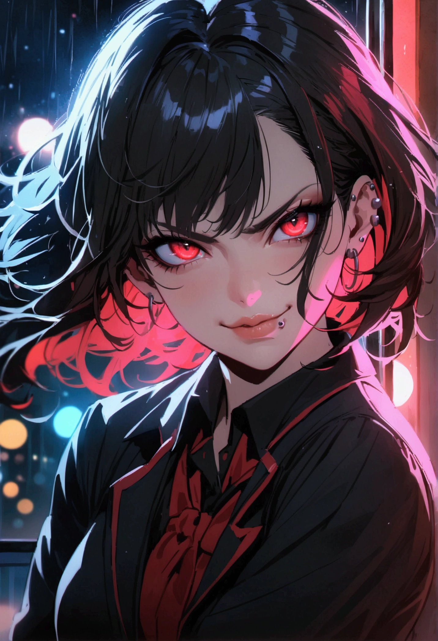 (anime women), high school girl, (neon red viper eyes), cinematic lighting (best quality:1.2)detailed, neon lights, vivid colors,bokeh, angry looking face with smirk on mouth, piercing, ((piercing)), gaze, 4k, particles in the air, powers, amazing art work full of details, dynamic movement, (lips), school classroom, rainy night, half body