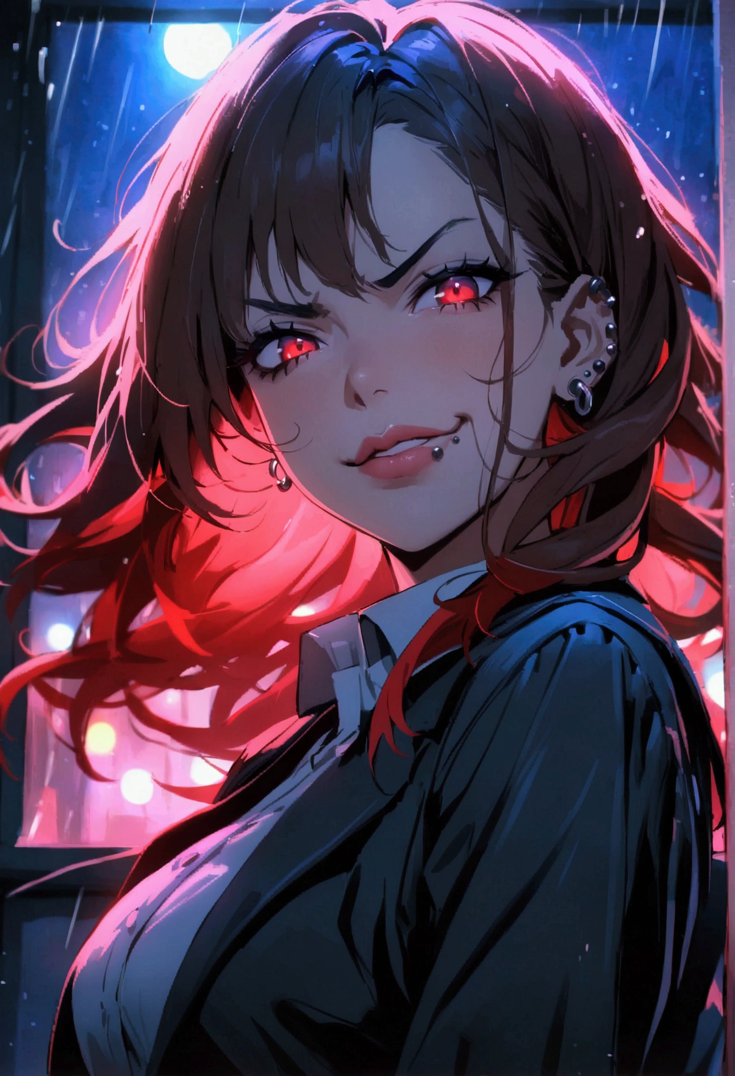 (anime women), high school girl, (neon red viper eyes), cinematic lighting (best quality:1.2)detailed, neon lights, vivid colors,bokeh, angry looking face with smirk on mouth, piercing, ((piercing)), gaze, 4k, particles in the air, powers, amazing art work full of details, dynamic movement, (lips), school classroom, rainy night, half body
