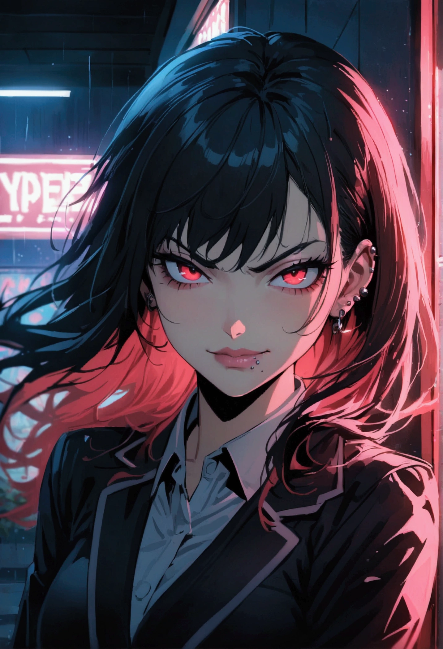 (anime women), high school girl, (neon red viper eyes), cinematic lighting (best quality:1.2)detailed, neon lights, vivid colors,bokeh, angry looking face with smirk on mouth, piercing, ((piercing)), gaze, 4k, particles in the air, powers, amazing art work full of details, dynamic movement, (lips), school classroom, rainy night, half body