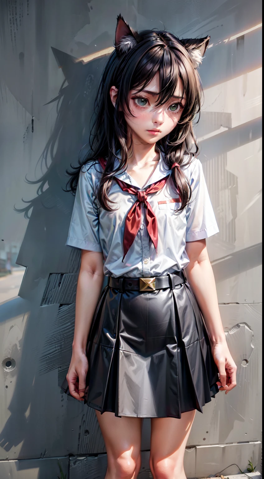 kuroki_tomoko, long dark disheveled hair, bruises under the eyes, green eyes, pioneer neckerchief, blue skirt, bangs, shirt, collarbone, white shirt, short sleeves, collared shirt, belt, red neckerchief, full height, 8k, (full body shot:1.3), (vibrant shadows), detailed eyes, (high quality), high detailed background, (realistic shadows), HD shadows, masterpiece, high detailed face, high detailed finger, young girl, band on head with fake cat ears, look at you